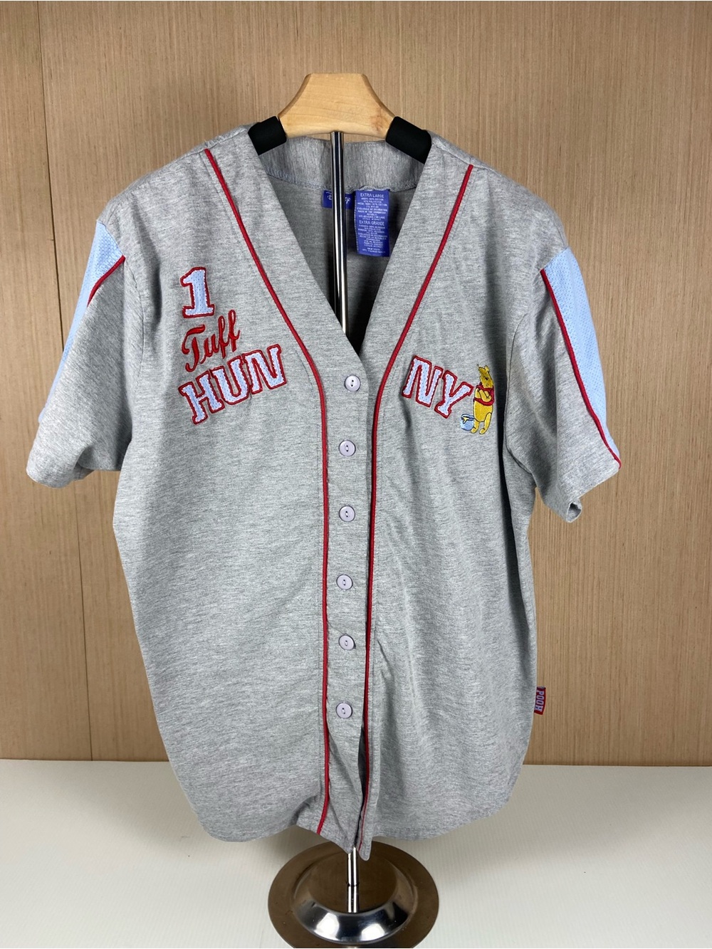 Disney Winnie the Pooh Y2K Baseball Jersey Shirt Gray XL Tuff Hunny NY